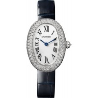 Réplique Montre pour femme Cartier Baignoire petit cadran argenté en or blanc 18 carats et bracelet en cuir diamant WJBA0015