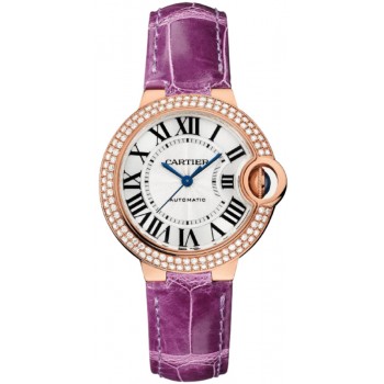 Réplique Montre Cartier Ballon Bleu de Cartier avec cadran argenté et bracelet en cuir diamant en or rose 18 carats WJBB0051