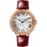 Réplique Montre Cartier Ballon Bleu de Cartier avec cadran argenté et bracelet en cuir diamant en or rose 18 carats WJBB0056