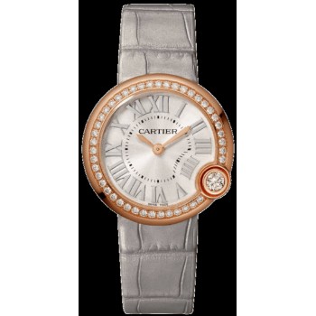 Réplique Montre Cartier Ballon Blanc avec cadran argenté et bracelet en cuir diamant pour femme WJBL0008