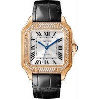 Réplique Montre pour femme Cartier Santos De Cartier avec cadran argenté moyen, bracelet en cuir et diamants en or rose 18 carats WJSA0012