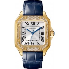 Réplique Montre Cartier Santos De Cartier avec cadran argenté moyen, or jaune 18 carats, bracelet en cuir et diamants, montre pour femme WJSA0013