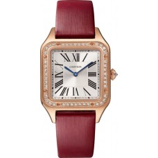 Réplique Montre Cartier Santos Dumont avec cadran argenté et bracelet en cuir diamant en or rose 18 carats WJSA0019