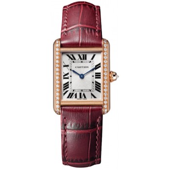 Réplique Montre Cartier Tank Louis avec cadran argenté et bracelet en cuir diamant pour femme WJTA0037