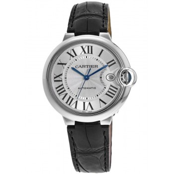 Réplique Montre Cartier Ballon Bleu 42 mm avec cadran argenté et bracelet en cuir pour homme WSBB0026