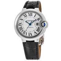 Réplique Montre Cartier Ballon Bleu 33 mm avec cadran argenté et bracelet en cuir pour femme WSBB0030