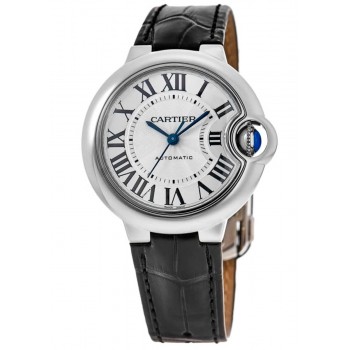 Réplique Montre Cartier Ballon Bleu 33 mm avec cadran argenté et bracelet en cuir pour femme WSBB0030