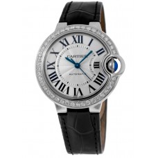 Réplique Montre Cartier Ballon Bleu 33 mm cadran argenté lunette diamant personnalisée bracelet en cuir montre pour femme WSBB0030-CD