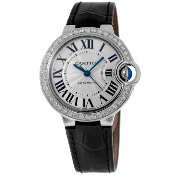 Réplique Montre Cartier Ballon Bleu 33 mm cadran argenté lunette diamant personnalisée bracelet en cuir montre pour femme WSBB0030-CD