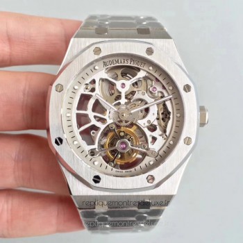 Réplique Montre Audemars Piguet Royal Oak Tourbillon Extra-Plate Squelette 26518 Acier inoxydable argent Skeleton Dial