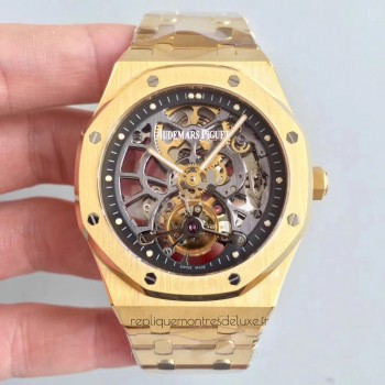 Réplique Montre Audemars Piguet Royal Oak Tourbillon Extra-Plate Squelette 26518 Or jaune Noir Skeleton Dial