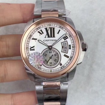 Calibre de Cartier W7100036 42MM Acier inoxydable & Or rose Cadran blanc