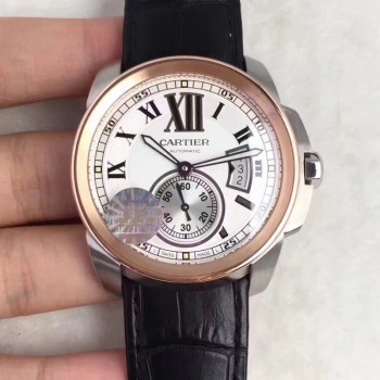 Calibre de Cartier W7100039 42MM Acier inoxydable & Or rose Cadran blanc