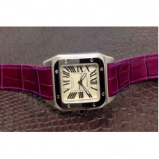 Cartier Santos 100 MidTaille Acier inoxydable Cadran blanc Violet Bracelet en cuir