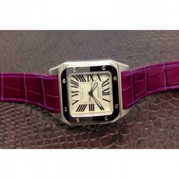 Cartier Santos 100 MidTaille Acier inoxydable Cadran blanc Violet Bracelet en cuir