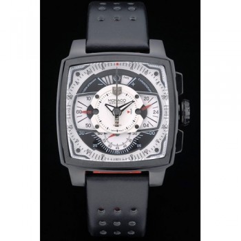 Tag Heuer Monaco Bracelet en cuir perforé noir-rouge Cadran blanc 80307