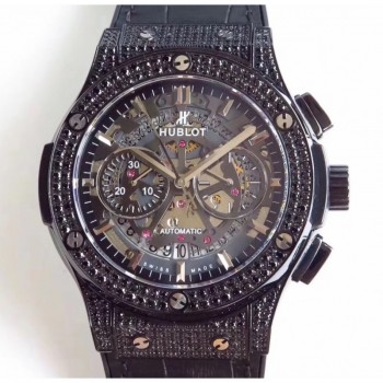 Réplique Hublot Classic Fusion Aerofusion Black Magic 525.CM.0170.RX Ceramic Diamonds Black Skeleton Dial