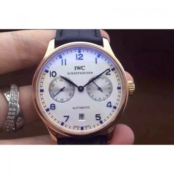 Réplique IWC Portuguese IW500704 Réserve de Marche Or Rose Cadran Blanc Marqueurs Bleu