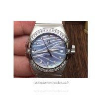 Réplique Omega Constellation Double Eagle Dame 27MM Acier inoxydable /Diamants Bleu Dial 