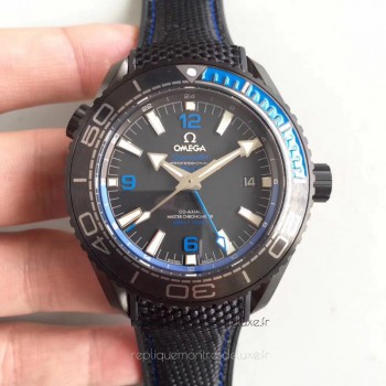 Réplique Omega Seamaster Planet Ocean 600M Deep Noir In Bleu GMT 215.92.46.22.01.002 PVD Noir Dial 