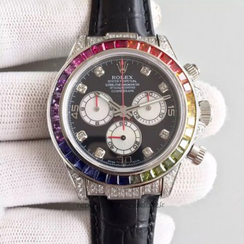 Réplique montre Daytona Cosmograph 116599 Cadran noir, acier inoxydable et diamants Rainbow