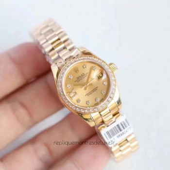 Réplique montre Lady Datejust 28 Cadran à Champagne En Or Rose Avec Diamants