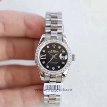 Réplique montre Lady Datejust 28 279136RBR 28MM en acier inoxydable et diamants cadran noir