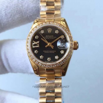 Réplique montre Lady Datejust 28 279138RBR 28MM or jaune et diamants cadran noir