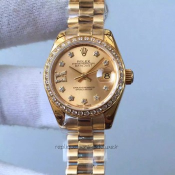 Réplique montre Lady Datejust 28 Cadran à Champagne en Or Jaune & Diamants 28 279138RBR 28MM