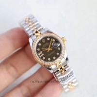 Réplique montre Lady Datejust 28 279383RBR 28MM en acier inoxydable et cadran noir en or jaune