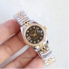 Réplique montre Lady Datejust 28 279383RBR 28MM en acier inoxydable et cadran noir en or jaune