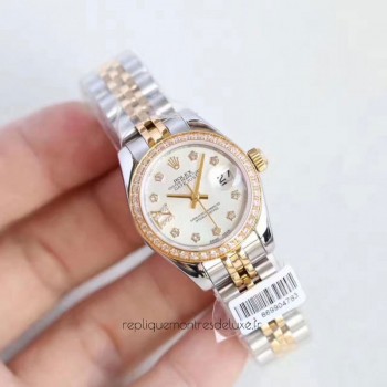 Réplique montre Lady Datejust 28 cadran en nacre avec cadran en acier inoxydable et or jaune