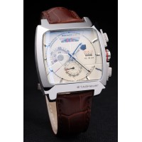 Tag Heuer Monaco Boîtier en acier inoxydable brossé Cadran blanc Bracelet en cuir brun