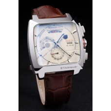 Tag Heuer Monaco Boîtier en acier inoxydable brossé Cadran blanc Bracelet en cuir brun