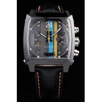 Tag Heuer Suisse Monaco Noir Bracelet en cuir bleu-jaune Cadran noir rayé