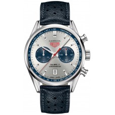 Réplique Montre Tag Heuer Carrera cadran argenté chronographe cuir bleu CV5111FC6335